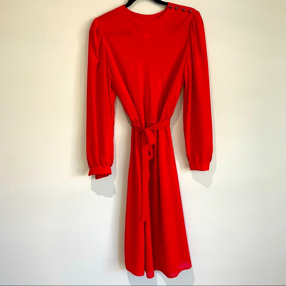 Vintage Retro Secretary Style Red Striped Tie Waist Dress - Size 12